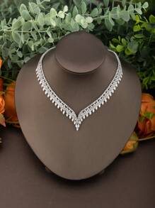 1 Set Elegant Arabic Style Cubic Zirconia Leaf Shape Jewelry Set, Suitable For Women's Wedding, Banquet And Party Wear (Exclude Gift Box) - Silver - View 3
