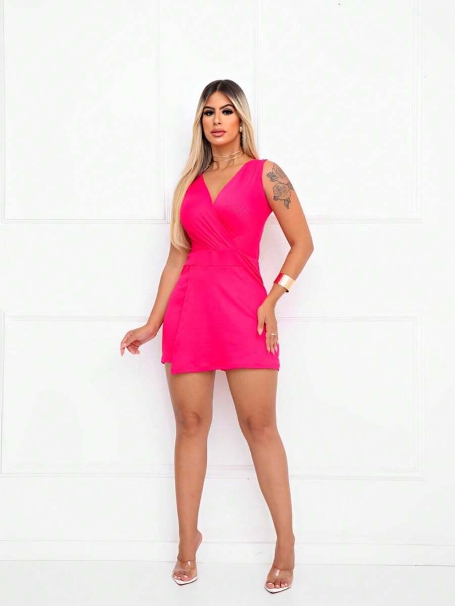 Women's Plain Fitted Ribbed Polyester V-Neck Jumpsuit Summer Fashion - Hồng - Xem 1