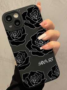 1pc Black Outline Floral Design Phone Case - Black - View 1