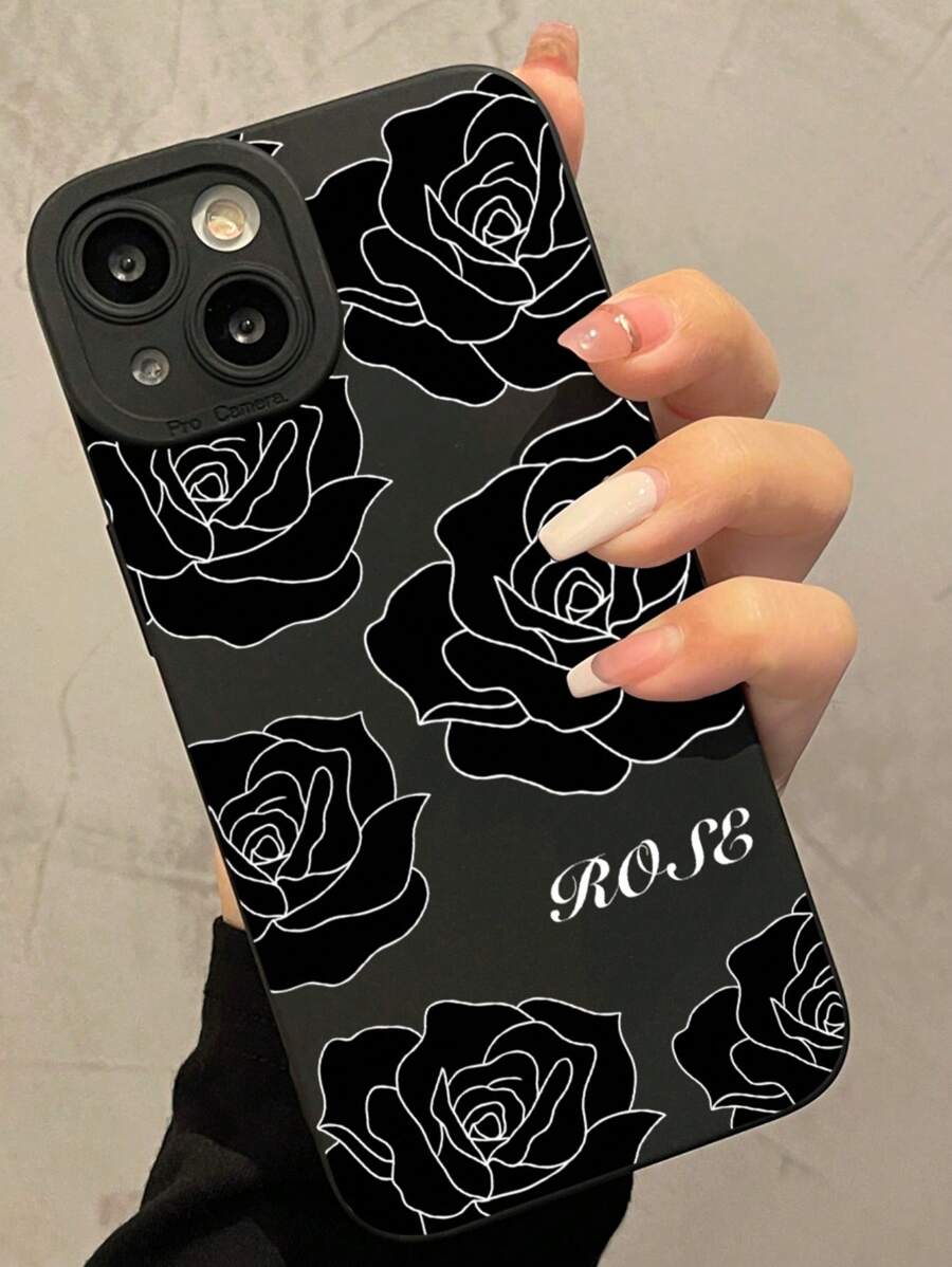 1pc Black Outline Floral Design Phone Case - Black - View 1