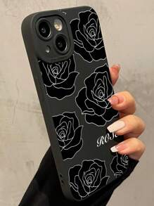 1pc Black Outline Floral Design Phone Case - Black - View 4