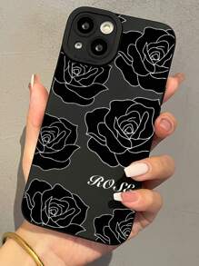 1pc Black Outline Floral Design Phone Case - Black - View 3