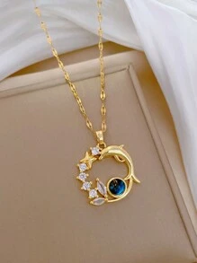 华丽星空星球圆形海豚铜镶嵌方晶锆石吊坠项链珠宝时尚女士饰品派对装饰配件优雅不锈钢链（无盒） - 金黃色 - 查看 8
