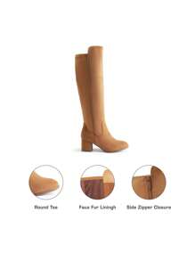 Women's Knee High Stretchy Fashion Boots Round Toe Chunky Heel Fashionable Classic Boots - Brown - View 4
