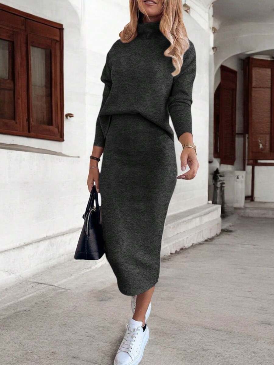 Conjunto Falda y Sueter Tedido de Punto Comodo #SensaciónDelujo #EstiloRomanticoDeSanValentín - Gris Oscuro - Ver 1