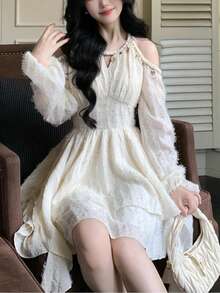 Women's Chic Asymmetrical Ruffles Long Sleeve Cold Shoulder Sequin Shell Decoration Dress