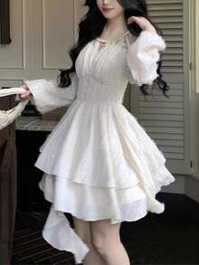 Women's Chic Asymmetrical Ruffles Long Sleeve Cold Shoulder Sequin Shell Decoration Dress