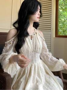 Women's Chic Asymmetrical Ruffles Long Sleeve Cold Shoulder Sequin Shell Decoration Dress