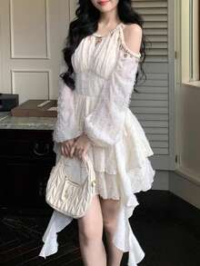 Women's Chic Asymmetrical Ruffles Long Sleeve Cold Shoulder Sequin Shell Decoration Dress