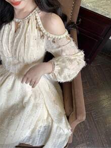 Women's Chic Asymmetrical Ruffles Long Sleeve Cold Shoulder Sequin Shell Decoration Dress