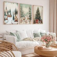 3 套复古圣诞印刷品、圣诞印刷品、冬季可印刷墙壁艺术、冬季林地动物、复古节日装饰品（无框） - 黑色 - 查看 4