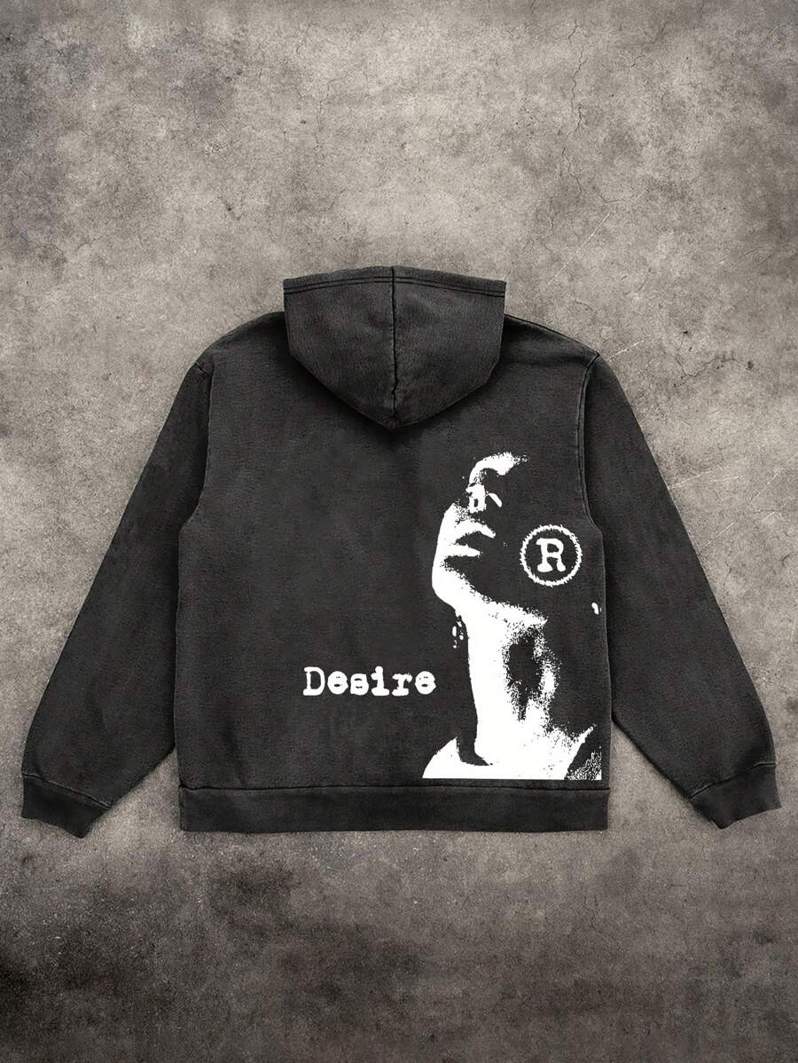 Men's Vintage Washed Face Print Casual Hoodie Sweatshirt - Black - View 1