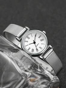 3pcs/Set Women's Fashion Minimalist Roman Numeral Small Dial Quartz Watch & Figure 8 Jewelry Set - Silver - View 8