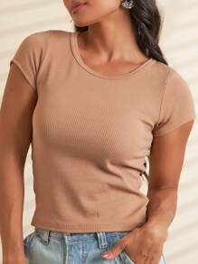 Basic Round Neck T-Shirt Short Sleeve With Elastane Fashion Blogger - Lạc đà - Xem 1