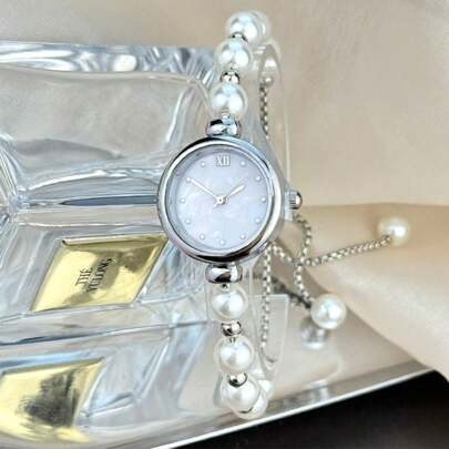 1 pezzo Orologio da donna elegante con cassa in metallo placcato oro rosa, quadrante madreperla, cinturino in catena con perline d'argento, movimento al quarzo, adatto come accessorio per banchetti