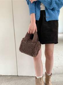 秋冬毛绒休闲手提包，简约毛绒手包斜挎包，适合通勤，收纳包，化妆包，秋季必备，圣诞包，万圣节包，街头风，送礼佳品，教师节礼物，手提包，秋冬热销潮流女包