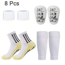 4 Pairs Soccer Grip Socks, Shin Guards, Pre-Cut Sock Sleeves, And Guard Straps Bundle Pack - Essential Equipment For Soccer Players - For Men, Women