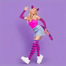 5 件万圣节猫服装配饰套装，包括毛茸茸的尾巴、头带、仿皮项圈、袖口、条纹袜子，非常适合角色扮演圣诞舞会 - 粉紫色條紋 - 查看 3