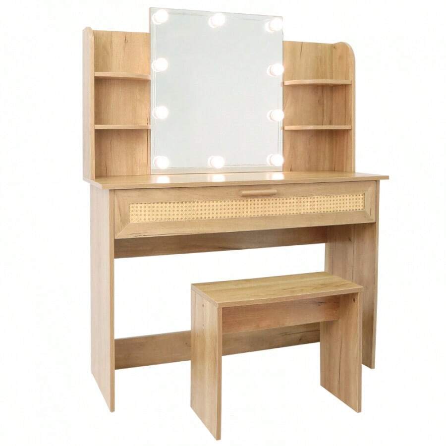 Vanity Desk Set Stool & Dressing Table With LED Lighting Mirror Drawer