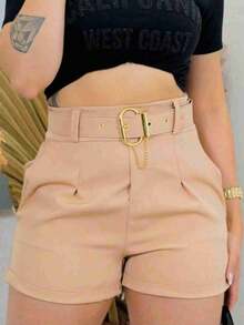 Women's Tailored Shorts With Covered Belt - Caqui - Ver 3