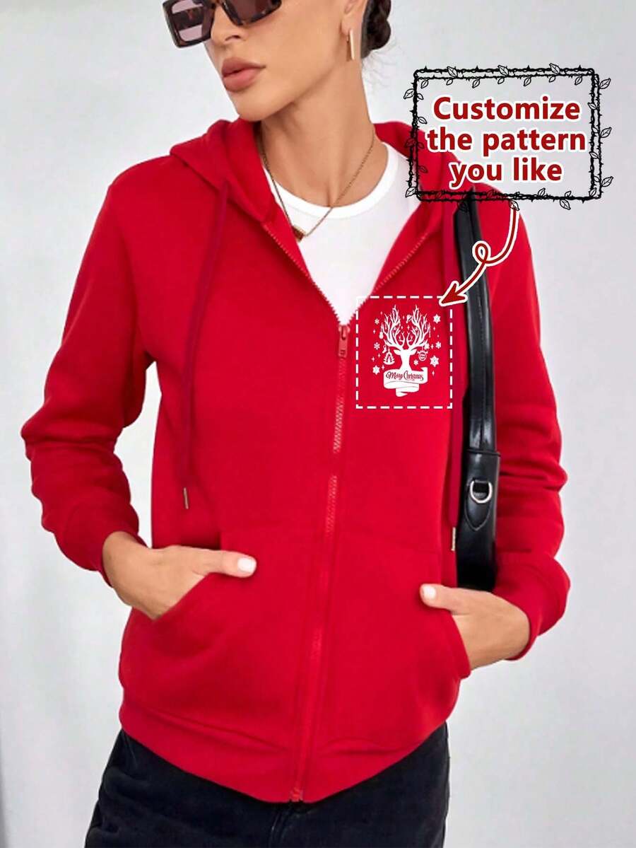 Custom Red Casual Sweatshirt Jacket - Red - View 1