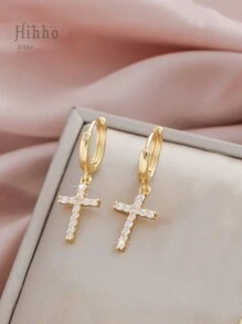 Hihho 1pair Classic Zirconia Embedded Cross Pendant Earrings, With Elegant European And American Luxury Charm, Suitable As A Distinctive Gift For Women's Daily Wear Or Occasions - Yellow Gold - View 2