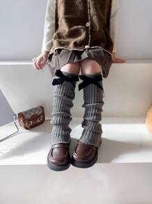 1 双女孩霓虹色蝴蝶结装饰针织大腿高腿保暖裤，适合休闲、运动、节日派对 - 灰色 - 查看 1