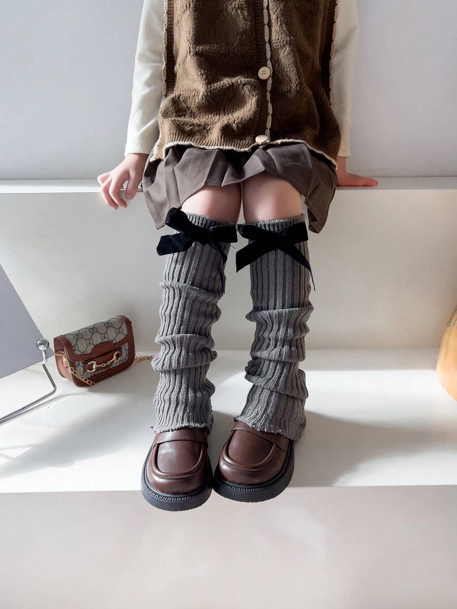 1 双女孩霓虹色蝴蝶结装饰针织大腿高腿保暖裤，适合休闲、运动、节日派对 - 灰色 - 查看 1