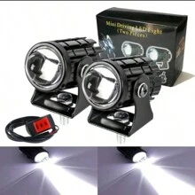 Heyword 2pcs White + Yellow Motorcycle LED Headlight Mini Driving Lamp Fog Light 12V/24V Universal Dual-Color Projector Lens With Switch, Fit For ATV Scooter Auxiliary Spotlight Motorcycle Accessories