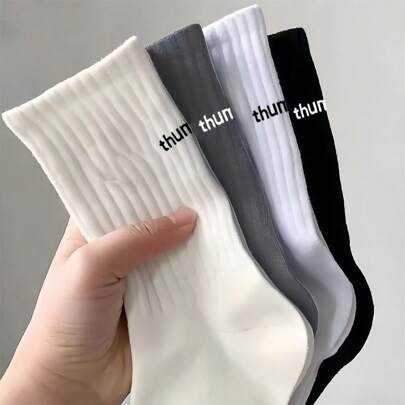 Set de 8 piezas/5 piezas/4 piezas/1 par de calcetines tipo tripulación unisex, calcetines deportivos transpirables y resistentes al olor, con diseño de letra en el pulgar, para uso laboral