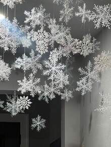 15 件圣诞闪亮雪花饰品，创意冬季派对塑料雪花挂饰，圣诞树装饰套装，适合圣诞节新年家居装饰 - 白色 - 查看 2