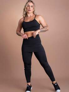 Women's Set Leggings, High Waist Butt Covering Skirt And Cropped Top With Straps, Workout Fashion F7 NEW STYLE - 黑色 - 查看 2