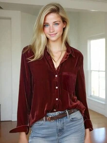 Women's Casual Solid Color Slim Fit Long Sleeve Button-Up Cardigan Shirt Jacket With Pockets, Suitable For Daily Commute And Office Wear, Autumn/Winter