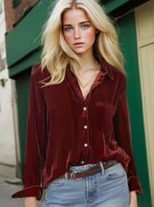 Women's Casual Solid Color Slim Fit Long Sleeve Button-Up Cardigan Shirt Jacket With Pockets, Suitable For Daily Commute And Office Wear, Autumn/Winter