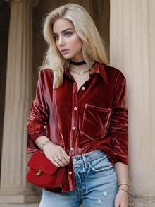 Women's Casual Solid Color Slim Fit Long Sleeve Button-Up Cardigan Shirt Jacket With Pockets, Suitable For Daily Commute And Office Wear, Autumn/Winter