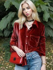 Women's Casual Solid Color Slim Fit Long Sleeve Button-Up Cardigan Shirt Jacket With Pockets, Suitable For Daily Commute And Office Wear, Autumn/Winter