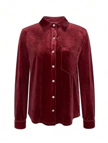 Women's Casual Solid Color Slim Fit Long Sleeve Button-Up Cardigan Shirt Jacket With Pockets, Suitable For Daily Commute And Office Wear, Autumn/Winter