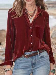 Women's Casual Solid Color Slim Fit Long Sleeve Button-Up Cardigan Shirt Jacket With Pockets, Suitable For Daily Commute And Office Wear, Autumn/Winter