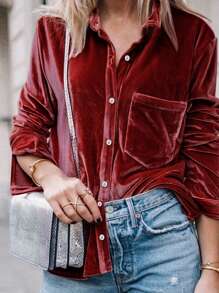 Women's Casual Solid Color Slim Fit Long Sleeve Button-Up Cardigan Shirt Jacket With Pockets, Suitable For Daily Commute And Office Wear, Autumn/Winter