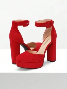 Women's High Chunky Heels Pumps Elegant Solid Color Platform Ankle Strap Dress Round Closed Toe Wedding Party  Fashionable Comfortable Shoes - Red - View 6