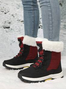 Women Outdoor Casual Sports Boots, Splice Lace-Up High-Top Warm Snow Boots, Mid-Calf Winter Shoes - Burgundy - View 4