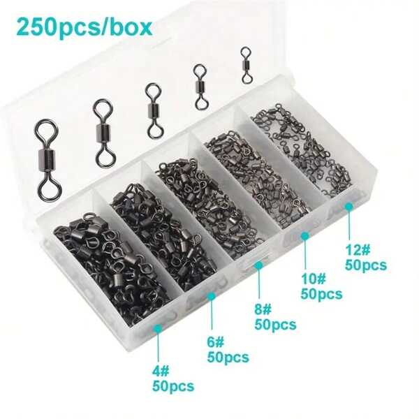 250pcs/Box 5 Sizes Fishing Swivel Snap Clips, American Style Swivels Connectors Fishing Tackle Accessories