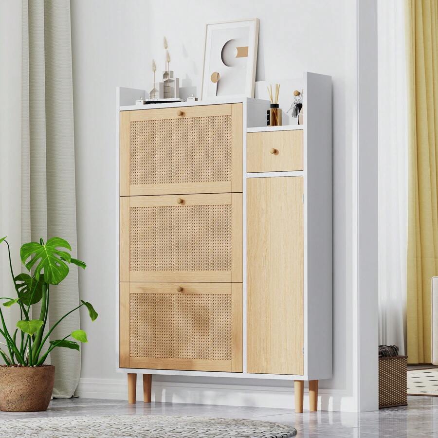 Okwish Shoe Cabinets Wood-Based Material Shoe Cabinet Made Of Rattan With Solid Wood Legs And Handles, W90/H125/D17 Cm, Natural/Natural&White - 白色 - 查看 1