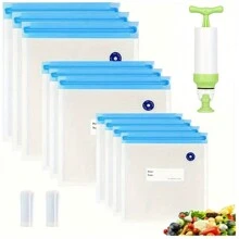 20 件装真空封口袋（套装 - 15 件多尺寸袋、4 个密封夹和 1 个手动泵）可重复使用的食物储存和真空低温烹调，耐用材料，厨房整理