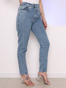 Women's Marbled Mom Jeans In Premium Thick Fabric - 中等水洗藍 - 查看 2