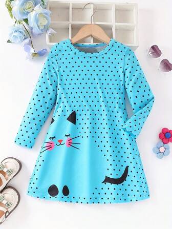 Young Girl Dots & Kitty Print Long-Sleeve Dress , Spring & Fall Everyday Sweet Casual Dresses, Party, Gift