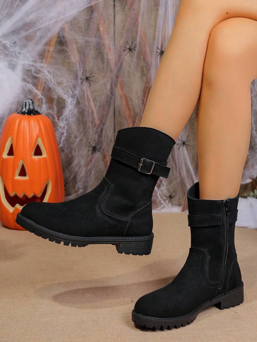 2024 Fashionable Round Toe Low Heel Black Mid-Calf Boots, Versatile For Autumn/Winter - Black - View 1