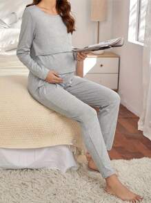 2pcs/Set Nursing Maternity Pajama Set, Women Soft Solid Color Long Sleeve Top And Pants Comfortable Sleepwear - Grey - View 3