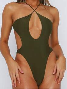 1pc Women's Sexy Solid Color Spaghetti Strap Backless One-Piece Swimsuit, Suitable For Summer Beach Vacation - Army Green - View 2