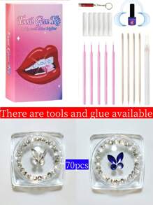 70 piezas Kit de joyería de dientes con piedras de imitación autoadhesivas: gemas de mariposa para dientes, piedras de imitación de fondo plano, diamantes redondos, decoración brillante para dientes, fácil de colocar y quitar, accesorios de cristal, gótica Y2K para Halloween, incluye herramienta y pegamento